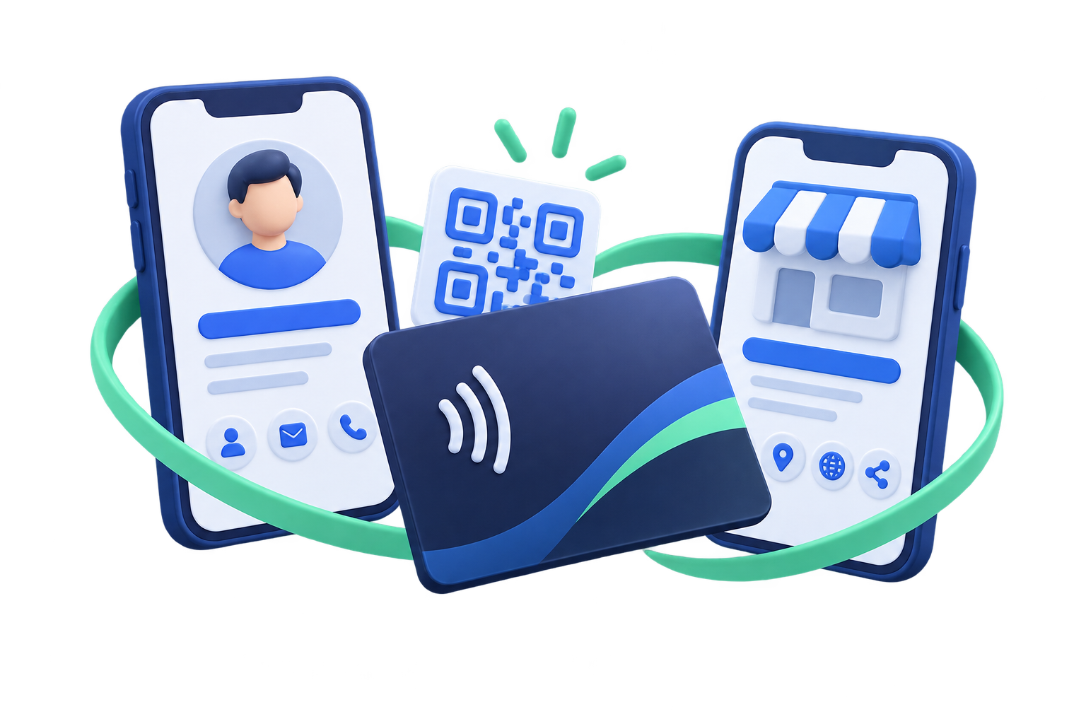 NFC card and QR motif connecting personal and business digital profiles