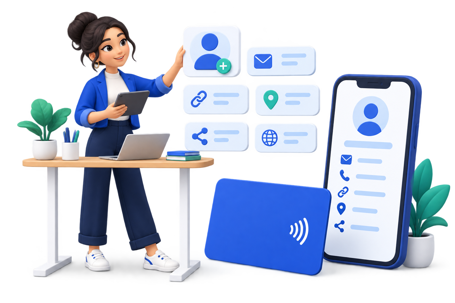 SkyCardLink illustration of a professional presenting a contactless card and digital profile