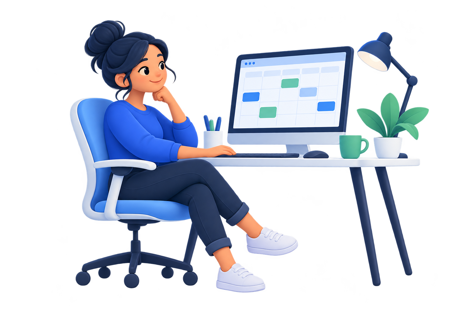 Conceptual illustration of a relaxed person viewing an appointment calendar on a computer.