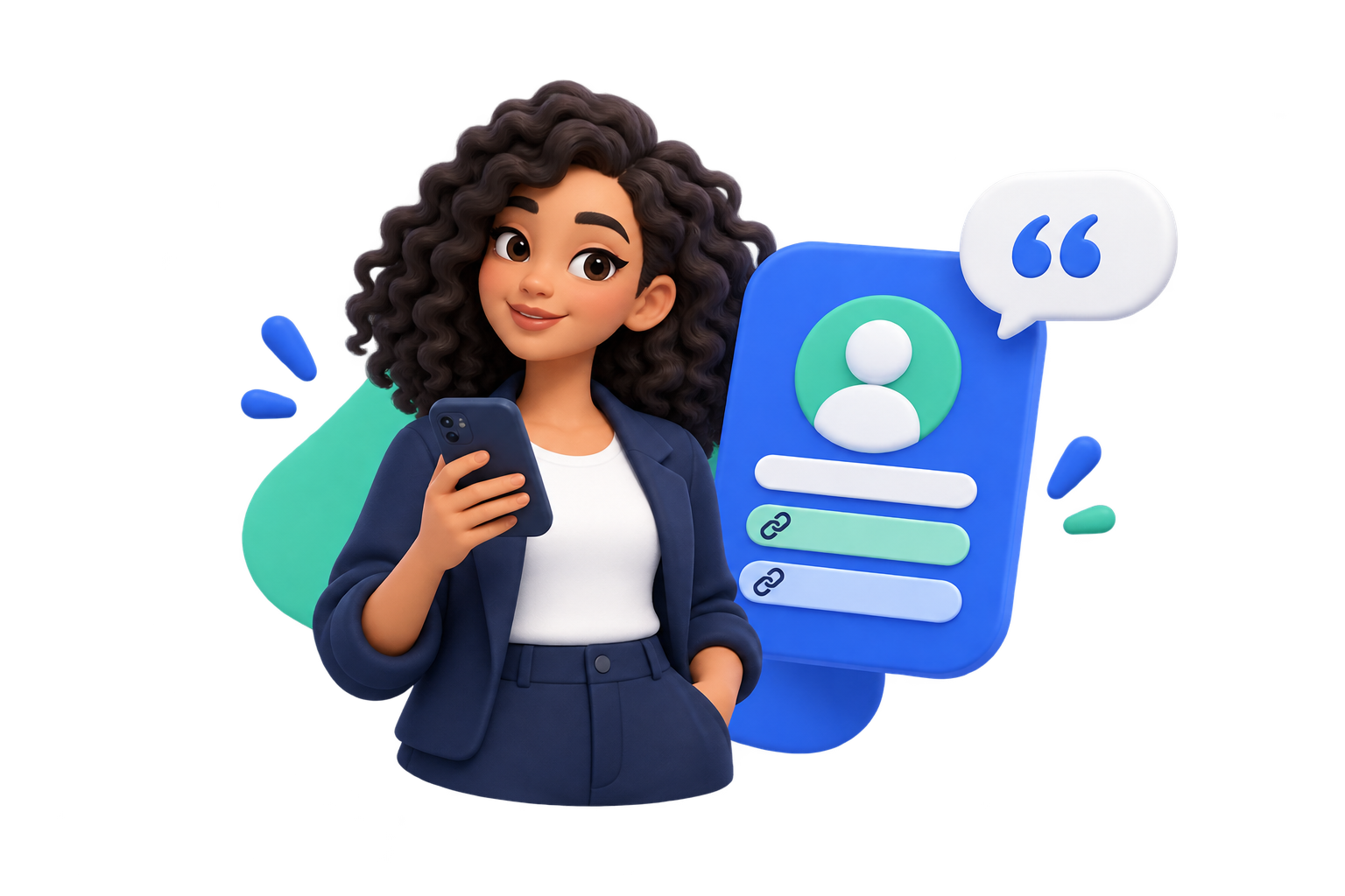 Illustrated character with a phone and a personal profile.